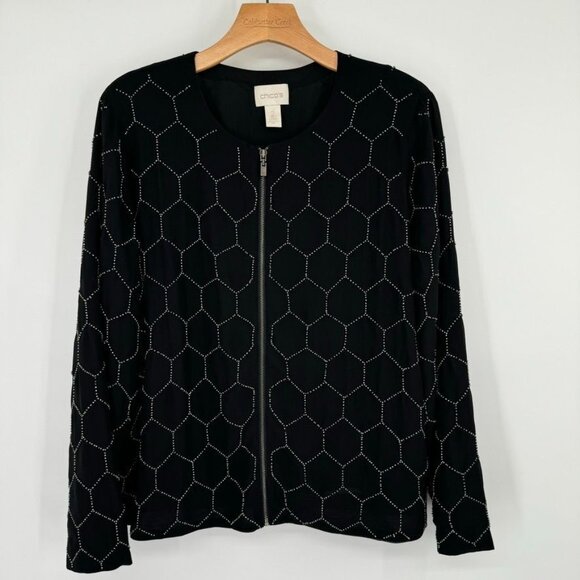 Chicos 2 geometric pattern beaded bomber jacket black size large women's - Picture 6 of 10